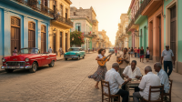 Una calle colorida y vibrante en La Habana Vieja con coches clásicos y gente local, bajo un sol radiante.